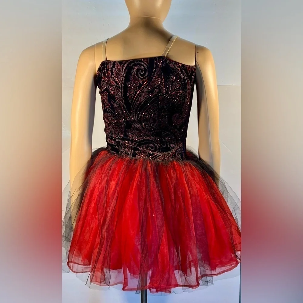 ALGY GIRLS DANCE/PROM/PAGEANT DRESS RED BLACK AND GOLD SIZE MC (10/12)